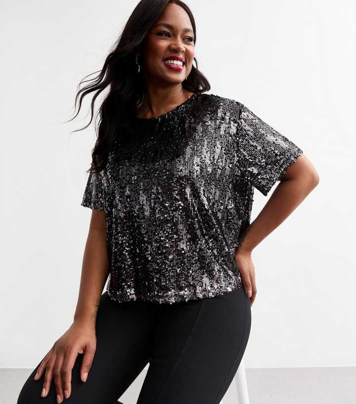 Curves Grey Sequinned Short Sleeve Top