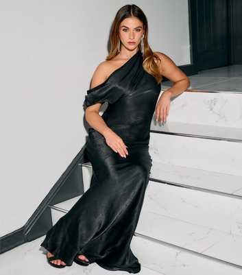 Finding Friday Black Hammered Satin Asymmetric Neck Maxi Dress