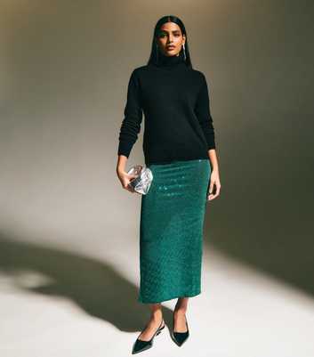 Green Sequinned Stretch Jersey Midi Skirt