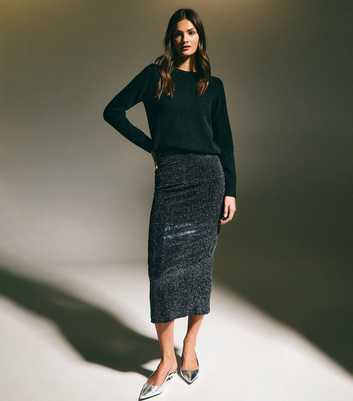 Navy Sequinned Stretch Jersey Midi Skirt