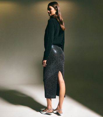 Navy Sequinned Stretch Jersey Midi Skirt New Look - Main Image