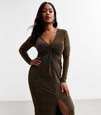 Curves Gold Twist Front Metallic Front Slit Midi Dress