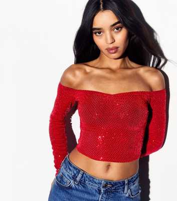 Red Sequin Bardot Long Sleeve Crop Top 