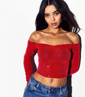 Red Sequin Bardot Long Sleeve Crop Top New Look