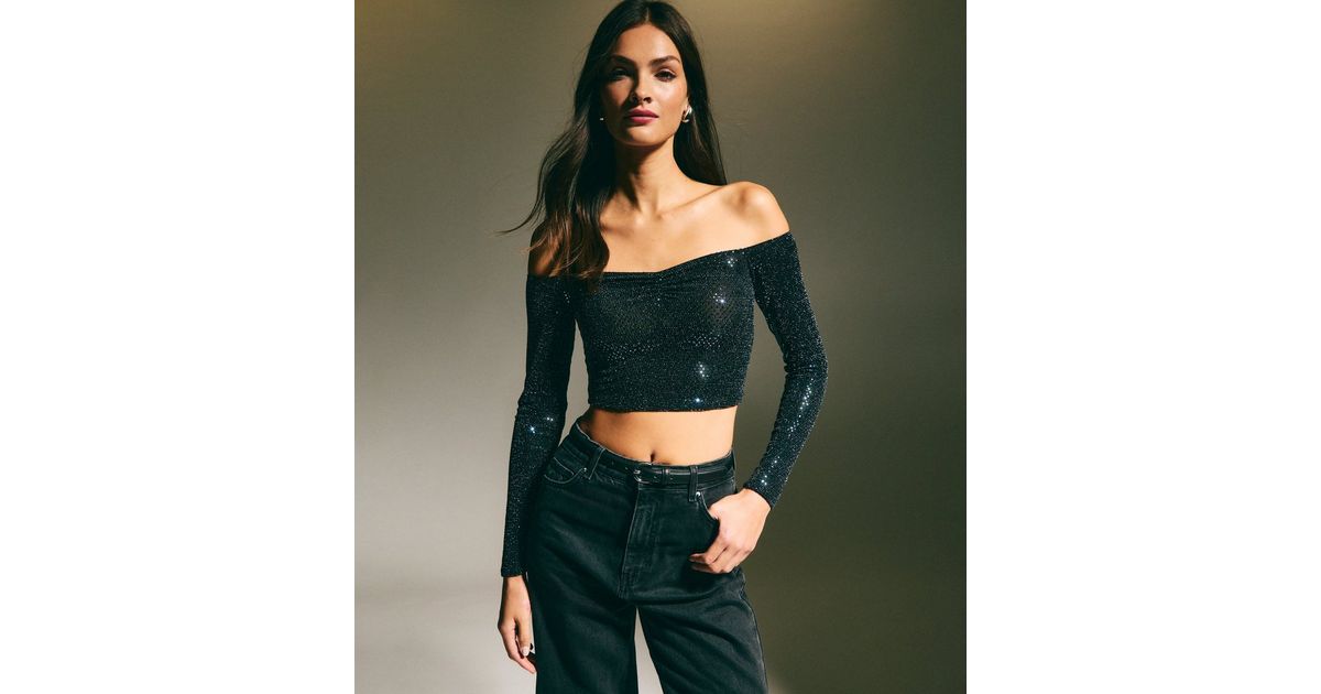 Navy Sequin Bardot Long Sleeve Crop Top New Look