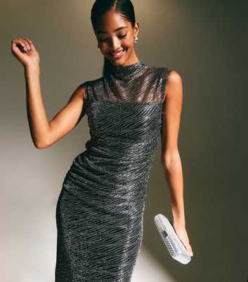 Pewter Foil Dot Pattern Mesh Midi Dress