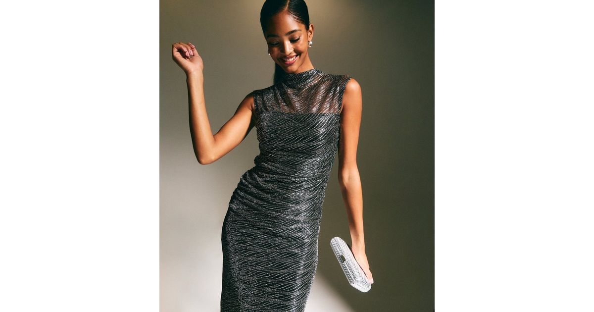 Pewter Foil Dot Pattern Mesh Midi Dress | New Look