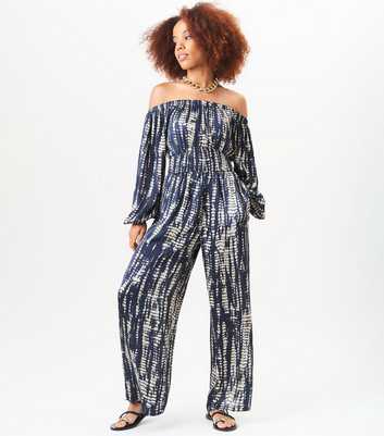 Gini London Navy Shirred Abstract Print Bandeau Wide Leg Jumpsuit