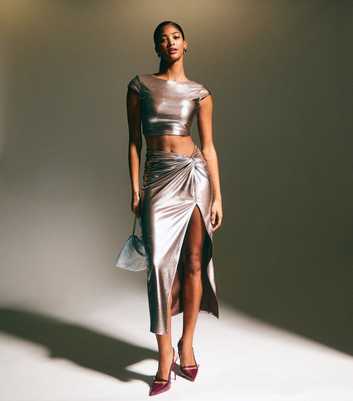 Dark Brown Knotted Slit Front Metallic Midi Skirt