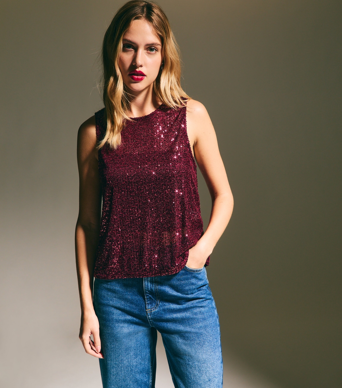 Women's Burgundy Sleeveless Sequin Top New Look