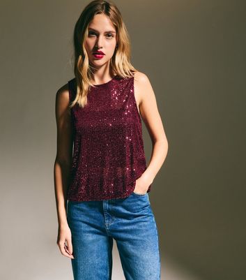 Burgundy Sleeveless Sequin Top New Look