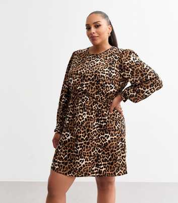 Curves Brown Leopard Print Long Sleeve Mini Dress