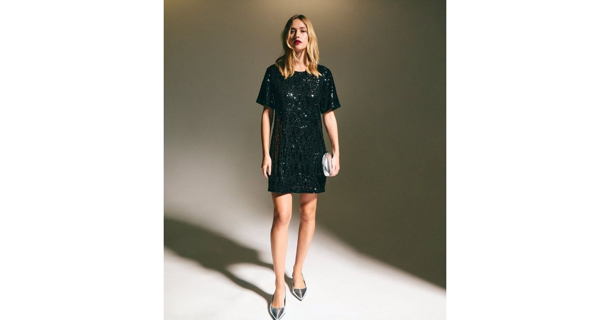 Black Sequin T-Shirt Mini Dress | New Look
