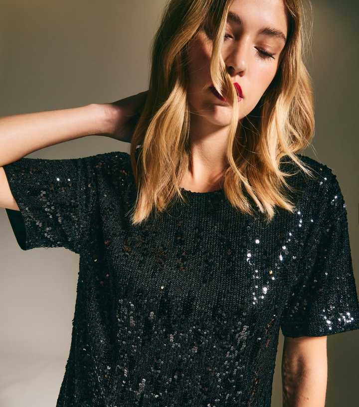 Black Sequin T-Shirt Mini Dress Black Sequin T-Shirt Mini Dress