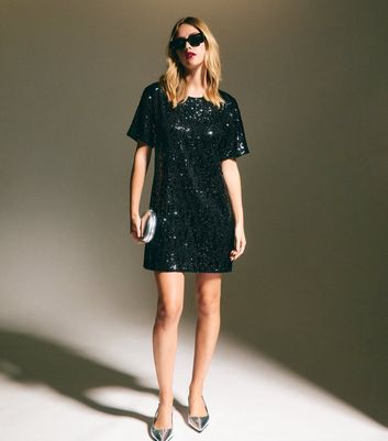 Black Sequin T Shirt Mini Dress New Look