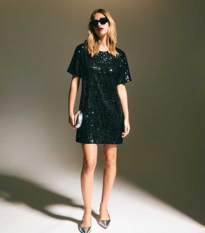 Black Sequin T-Shirt Mini Dress