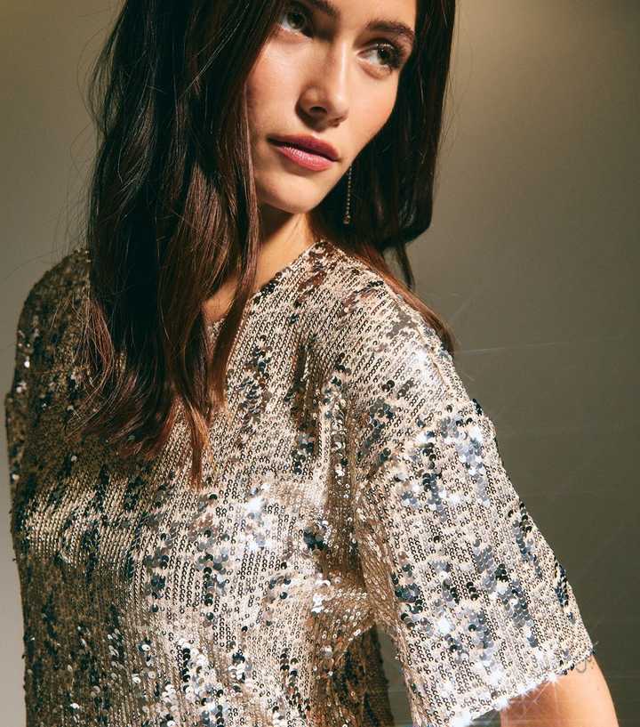 green emerald velvet dress Gold Sequin Embellished T-shirt Dress