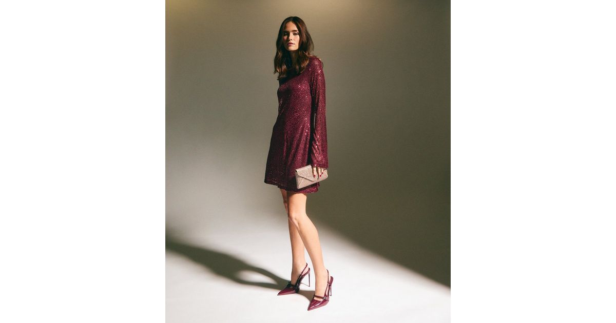 Burgundy Sequin Long Sleeve Mini Dress New Look