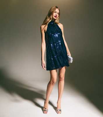 Blue High Neck Sequin Mini Dress