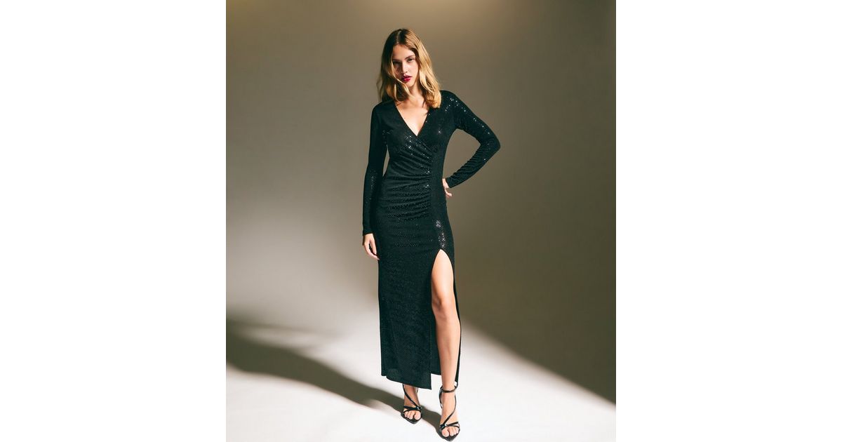 Black Sequin Wrap Long Sleeve Midi Dress New Look