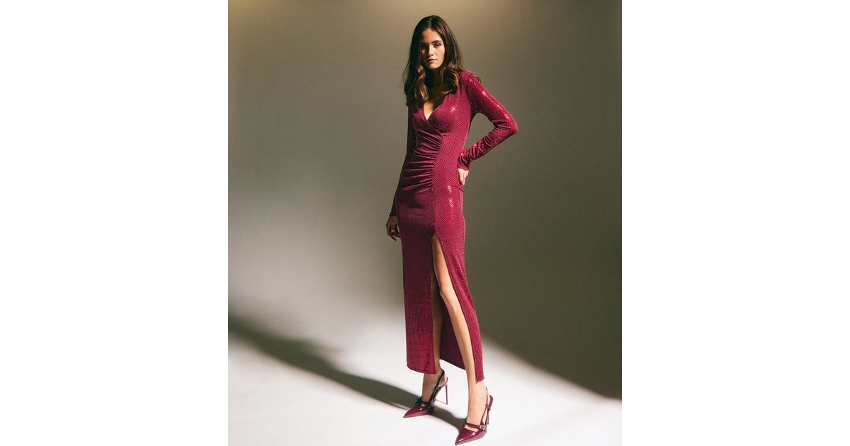 Short Sleeve Sequin Embellished Midi Dress Burgundy