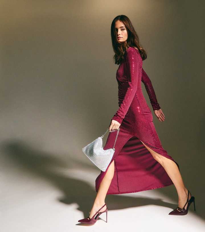 princess polly baby blue dress Burgundy Sequin Long Sleeve Mock Neck Maxi Dress – PinkBlush main image 0