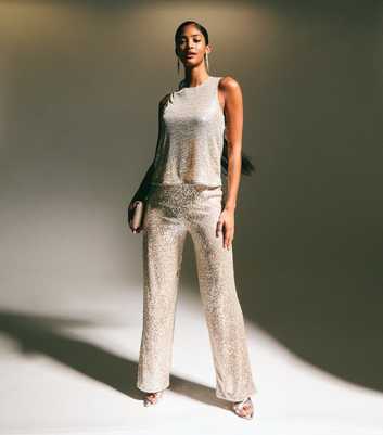 Gold Sequinned Stretch Mesh Wide Trousers