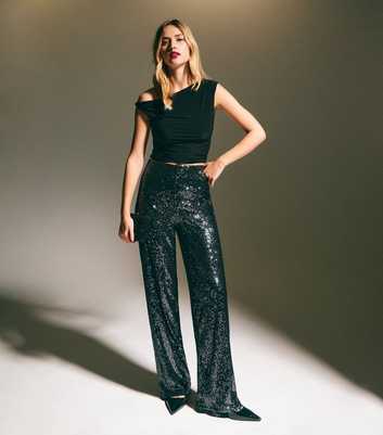 Black Sequinned Stretch Mesh Wide Trousers