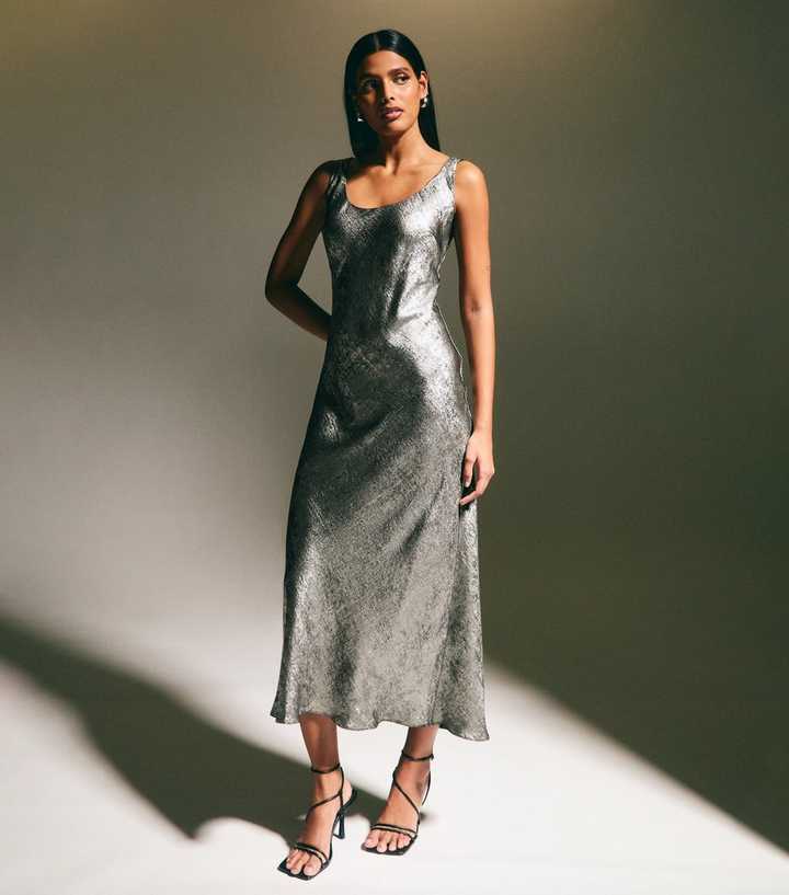 knee length dresses for ladies TURN BACK TIME SILVER METALLIC MIDI DRESS – AKIRA