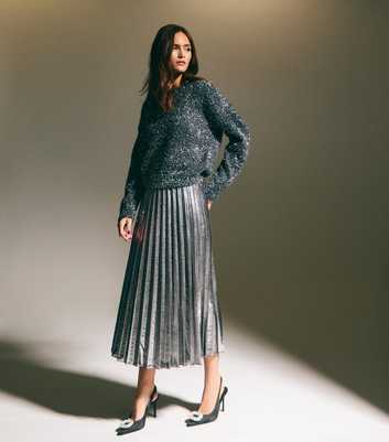 Silver Shimmer Pleated Midi Skirt 