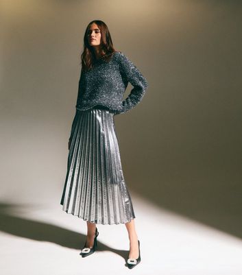 Silver Shimmer Pleated Midi Skirt New Look
