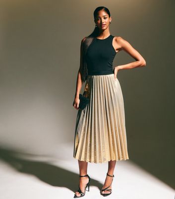 Gold Shimmer Pleated Midi Skirt New Look