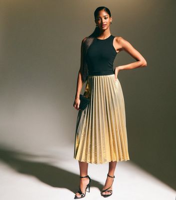 Gold Shimmer Pleated Midi Skirt New Look