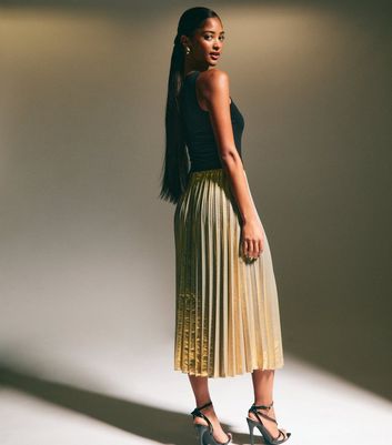 Gold Shimmer Pleated Midi Skirt New Look