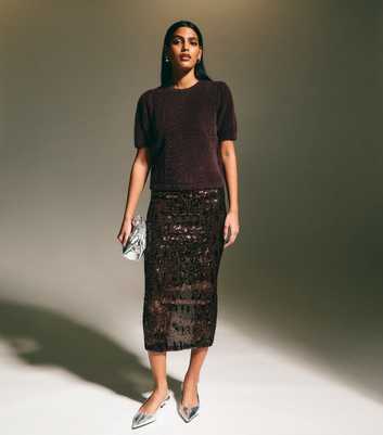 Dark Brown Sequinned Mesh Midi Skirt