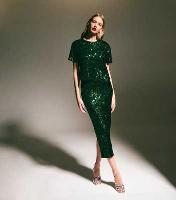 Green Sequinned Mesh Midi Skirt