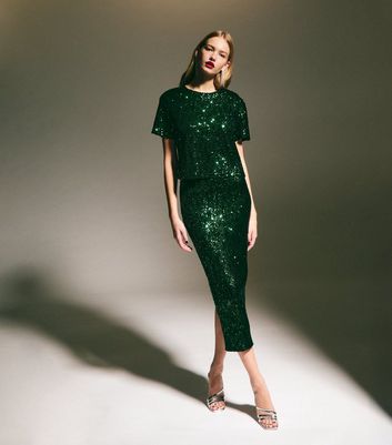 Green Sequinned Mesh Midi Skirt New Look