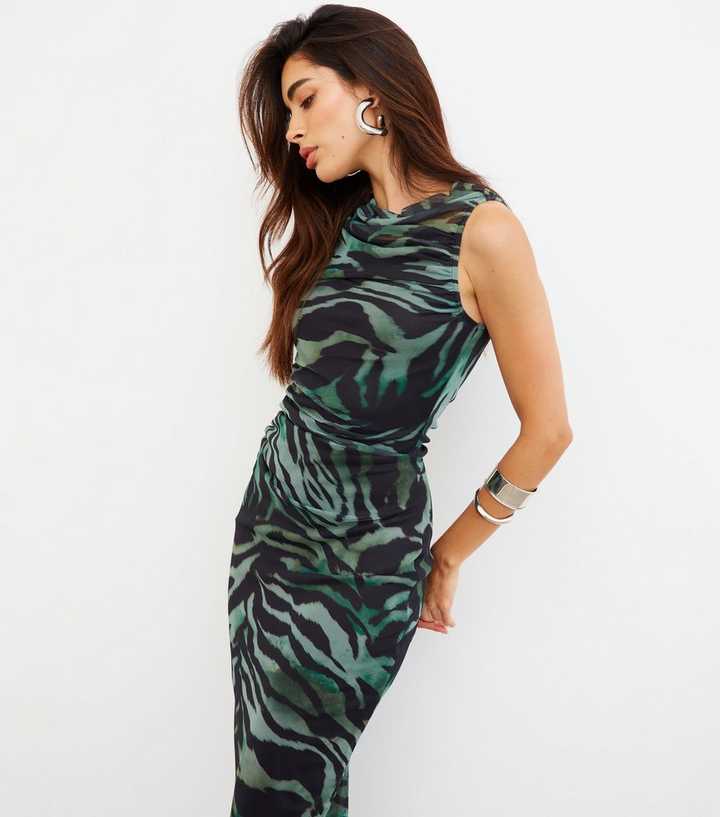 WKNDGIRL Green Mesh Animal Print Midi Dress New Look
