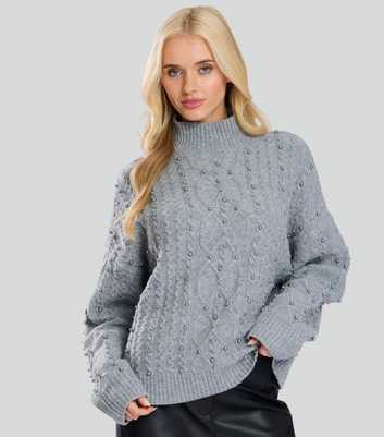 Finding Friday Grey Faux Pearl Cable Knit Jumper