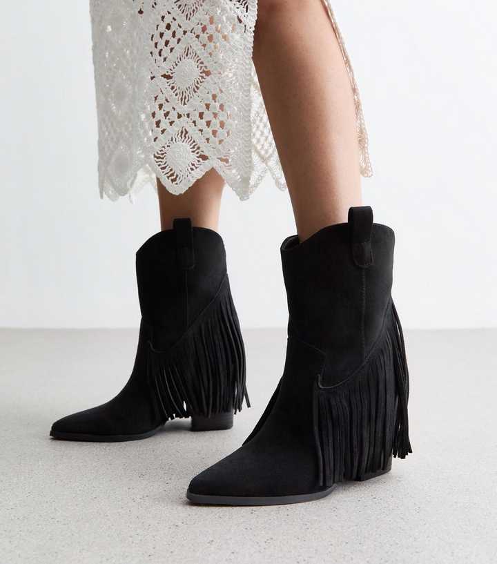 MeiLuSi Women's Fringe Western Cowboy Ankle Boots - Tassel Pull-On Cowgirl Boots