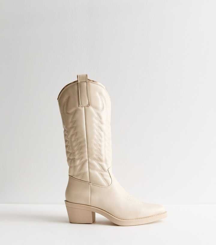 Truffle Off White Stitch Detail Cowboy Boots
