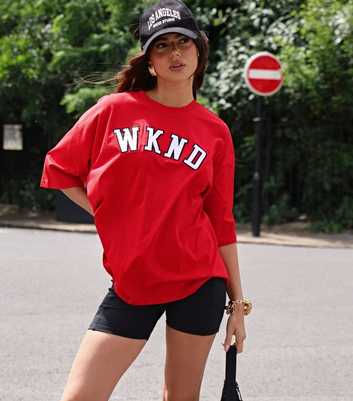 WKNDGIRL Red Oversized Embroidered Logo T-Shirt