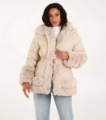 Blue Vanilla Pink Belted Faux Fur Puffer Jacket