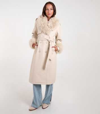 Blue Vanilla Stone Faux Fur Trim Faux Leather Coat