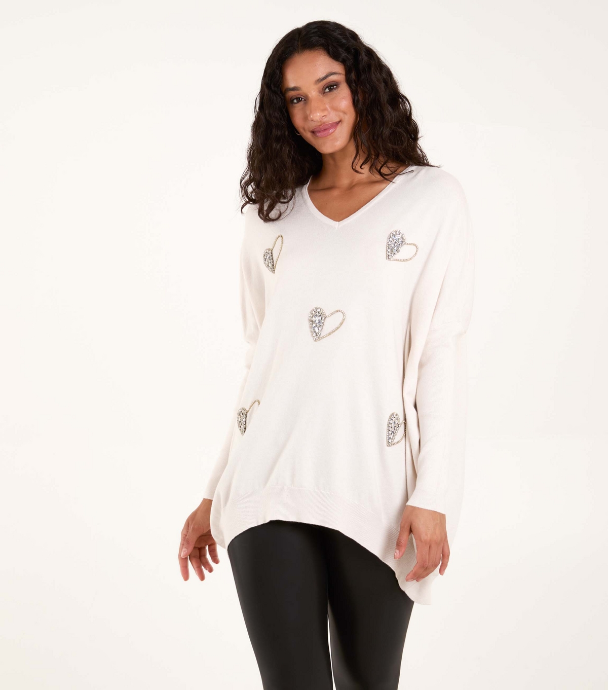 Women's Cream V-Neck Diamante Heart Jumper Blue Vanilla New Look
