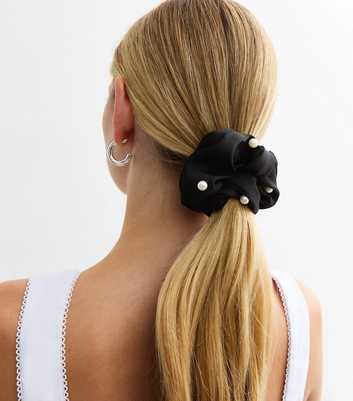 Black Satin Faux Pearl Scrunchie