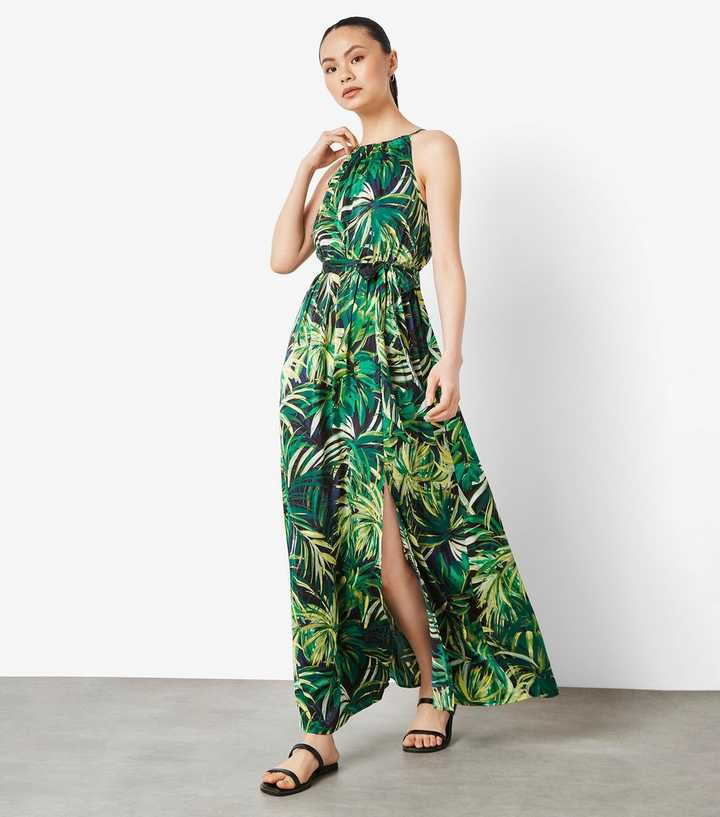 Apricot Navy Leaf Print Sleeveless Maxi Dress