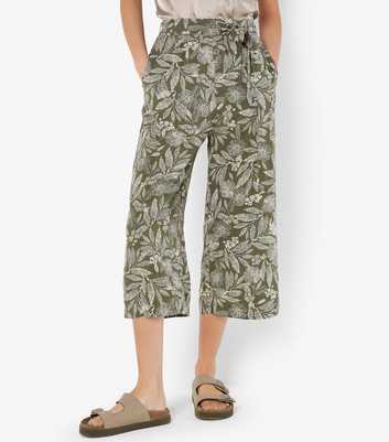 Apricot Olive Leaf-Print Crop Trousers