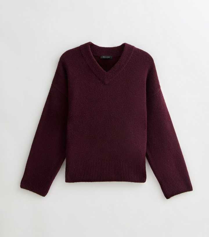 Burgundy High V Neck Jumper