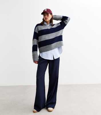 Light Grey Stripe High V Neck Jumper